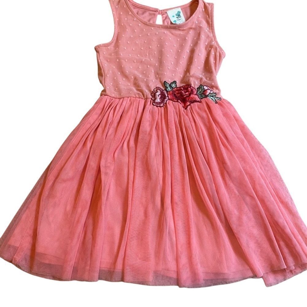 Girls' Peach Sleeveless Dress with Floral Detail
